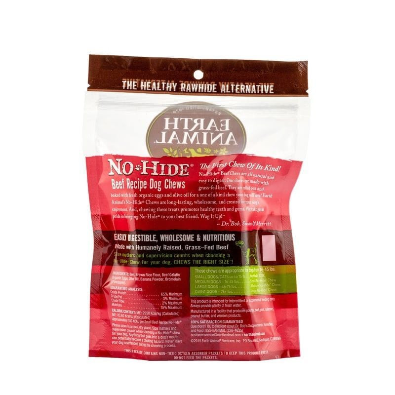 Dos du sachet de friandises No Hide au bœuf pour chien affichant la liste des ingrédients et les con
