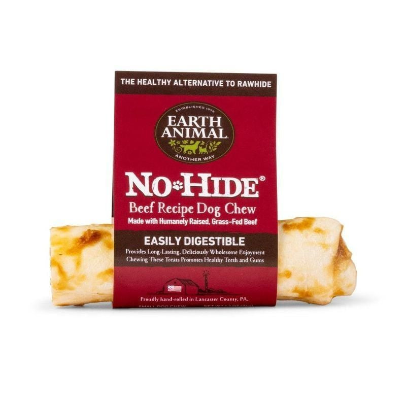 Vue latérale du sac de friandises pour chien Earth Animal No Hide au bœuf avec informations produit 