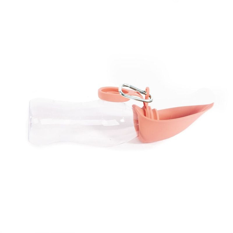 Vue de côté de la gourde rose Martin Sellier 1116445 pour animaux avec bol silicone orange attaché e