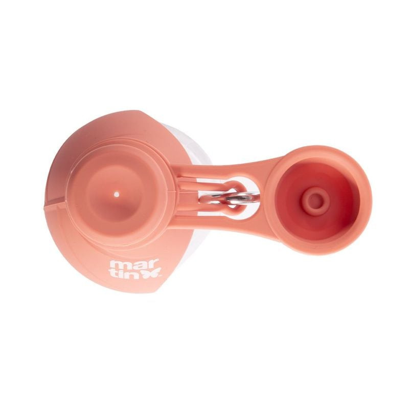 Vue de dessus de la gourde rose Martin Sellier Leaf pour animaux, avec coupelle silicone déployée, f