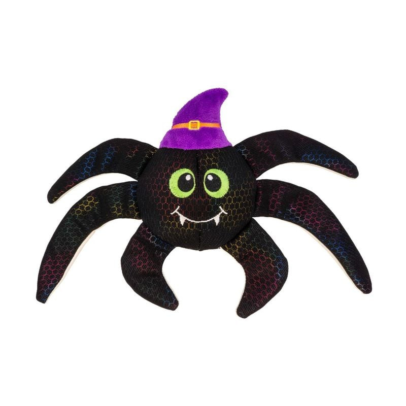 Jouet chien KONG Araignée Halloween Shimmy taille M, vue avant : corps noir iridescent, yeux verts, 