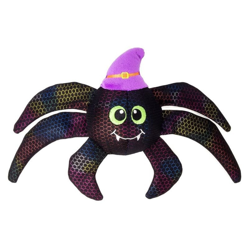 Gros plan sur le jouet chien KONG Shimmy Spider : chapeau de sorcière violet avec sangle orange, tex