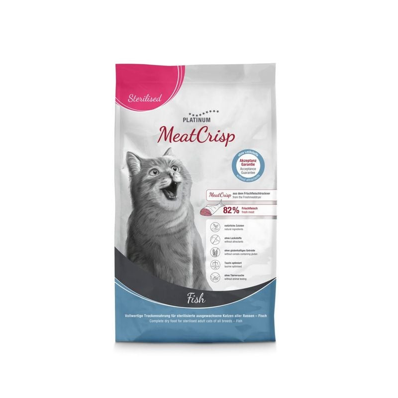 Vue avant du sac Platinum MeatCrisp Stérilisé Poisson 1,5 kg pour chat, avec illustration chat heure