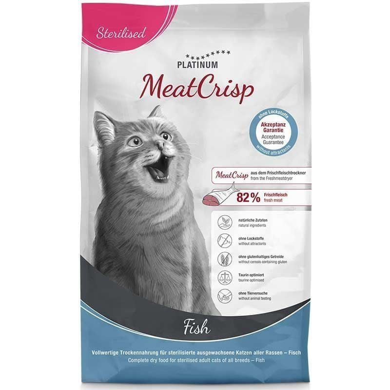 Vue de face du sachet de croquettes Platinum MeatCrisp Stérilisé Poisson, montrant une illustration 