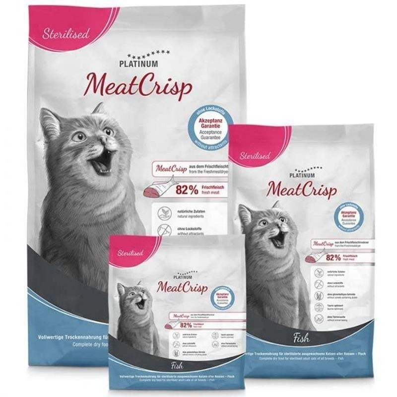 Vue arrière ou latérale du sac de croquettes Platinum MeatCrisp Stérilisé Poisson affichant les info