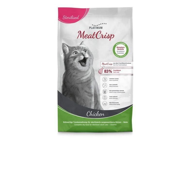 Vue arrière du sac PLATINUM MeatCrisp Stérilisé Poulet mettant en valeur les bénéfices nutritionnels