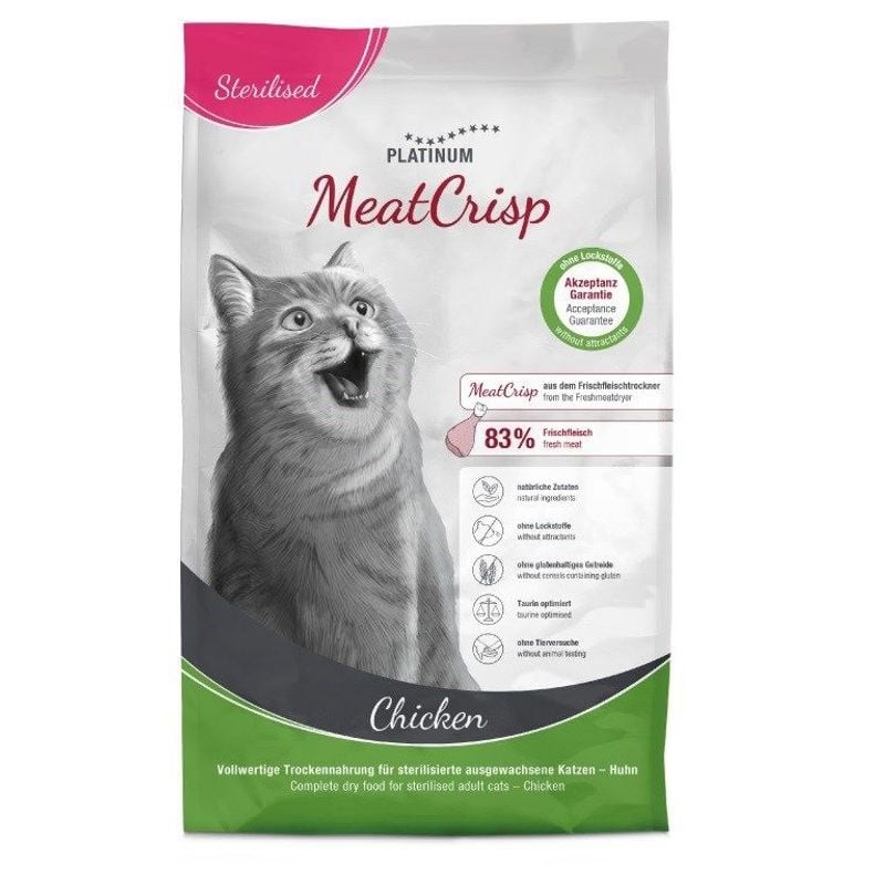 Vue de face du sac de croquettes PLATINUM MeatCrisp Stérilisé Poulet, avec sa formule au poulet frai
