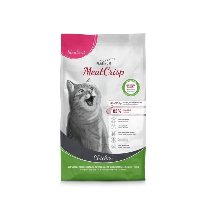 Sac de croquettes PLATINUM MeatCrisp Stérilisé Poulet avec illustration chat gris heureux, étiquette