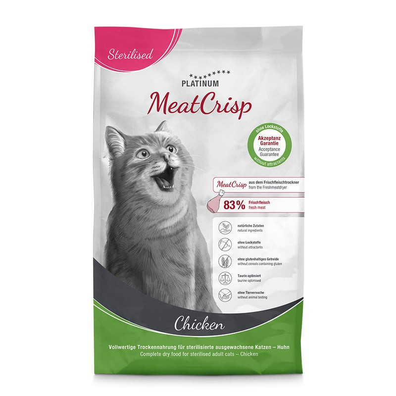Vue avant du sac Platinum MeatCrisp Stérilisé Poulet 400g avec chat gris heureux, étiquette 83% poul