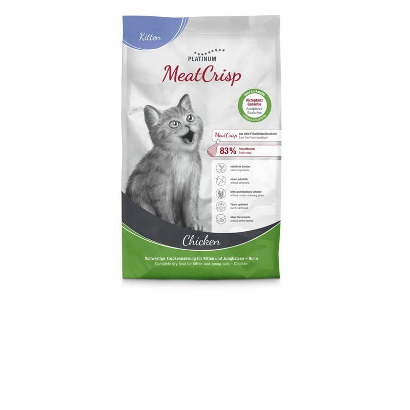 Gros plan sur l'emballage Platinum MeatCrisp Kitten Poulet 3kg avec étiquettes détaillées : formule 