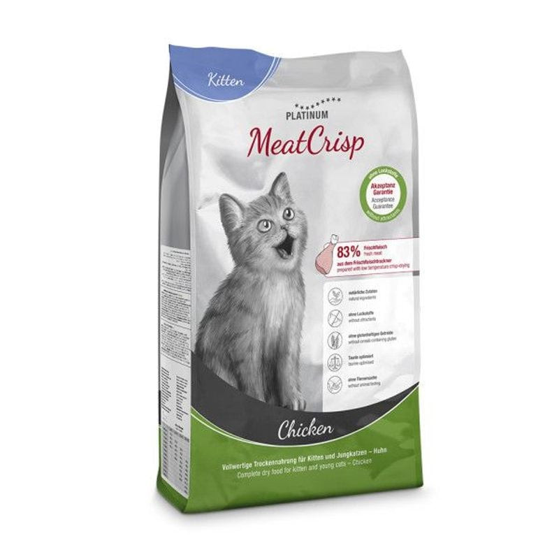 Vue avant du sac Platinum MeatCrisp Kitten Poulet 3kg avec chaton gris joueur, étiquette 83% poulet 