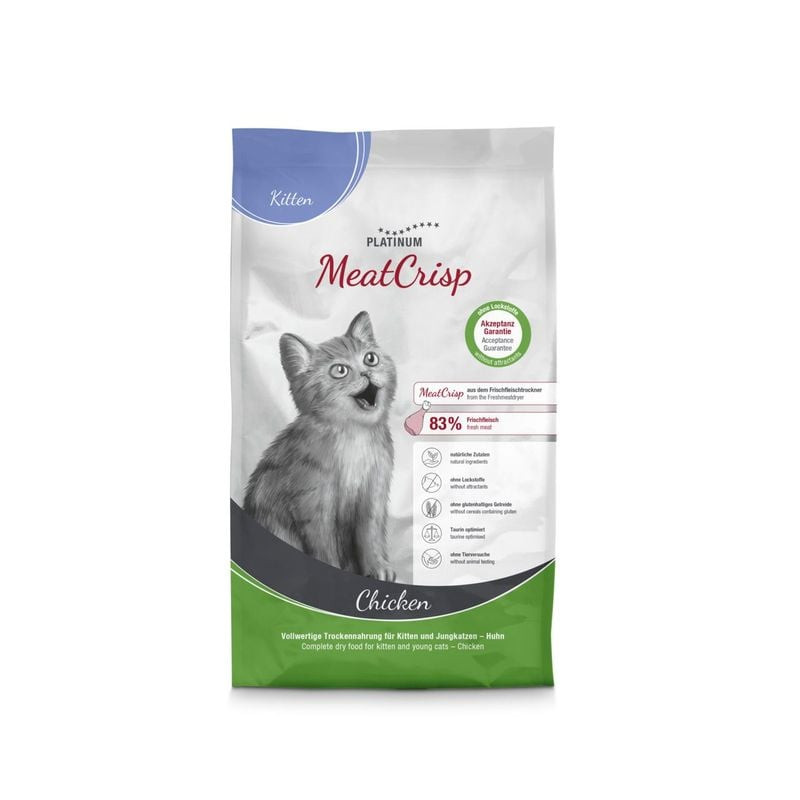 Sac de croquettes pour chaton PLATINUM MeatCrisp au poulet avec illustration de poulet frais et d'un