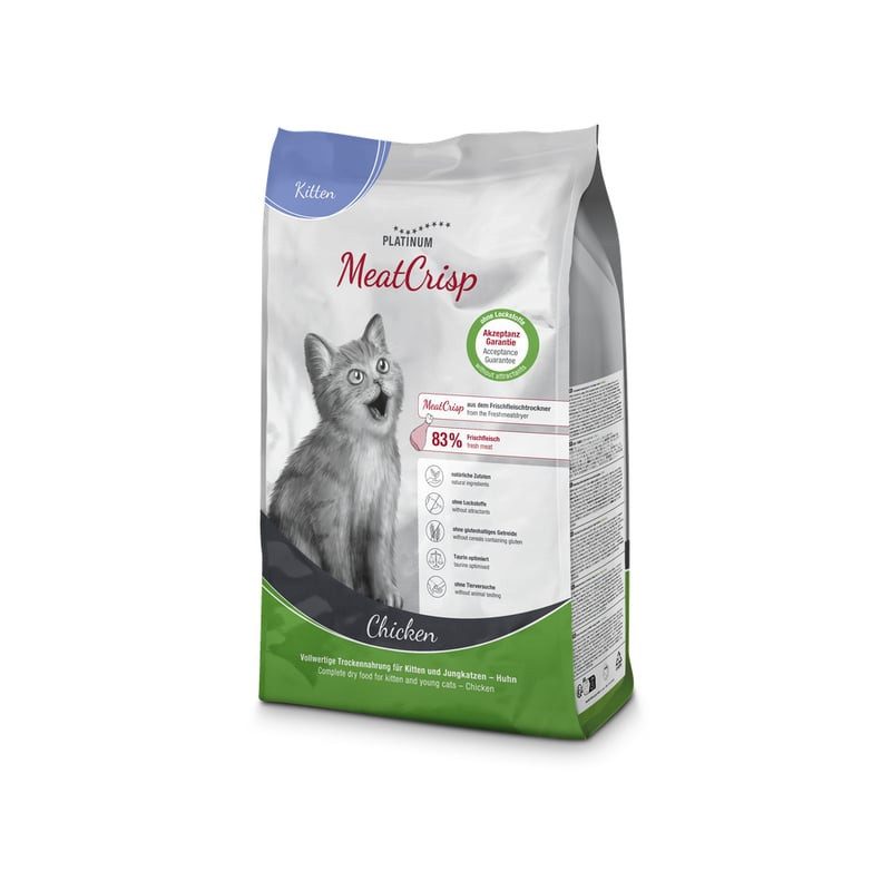 Dos du sac PLATINUM MeatCrisp Kitten au poulet montrant l'analyse nutritionnelle et les instructions