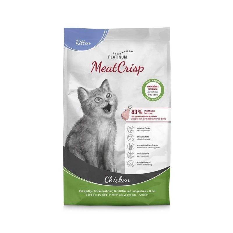Platinum MeatCrisp Kitten Chicken 400g - packshot recto du sac avec chaton gris, étiquette 83% poule