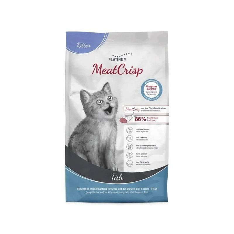 Vue avant du sac de croquettes Platinum Kitten au poisson avec chaton joueur, label 86% poisson frai