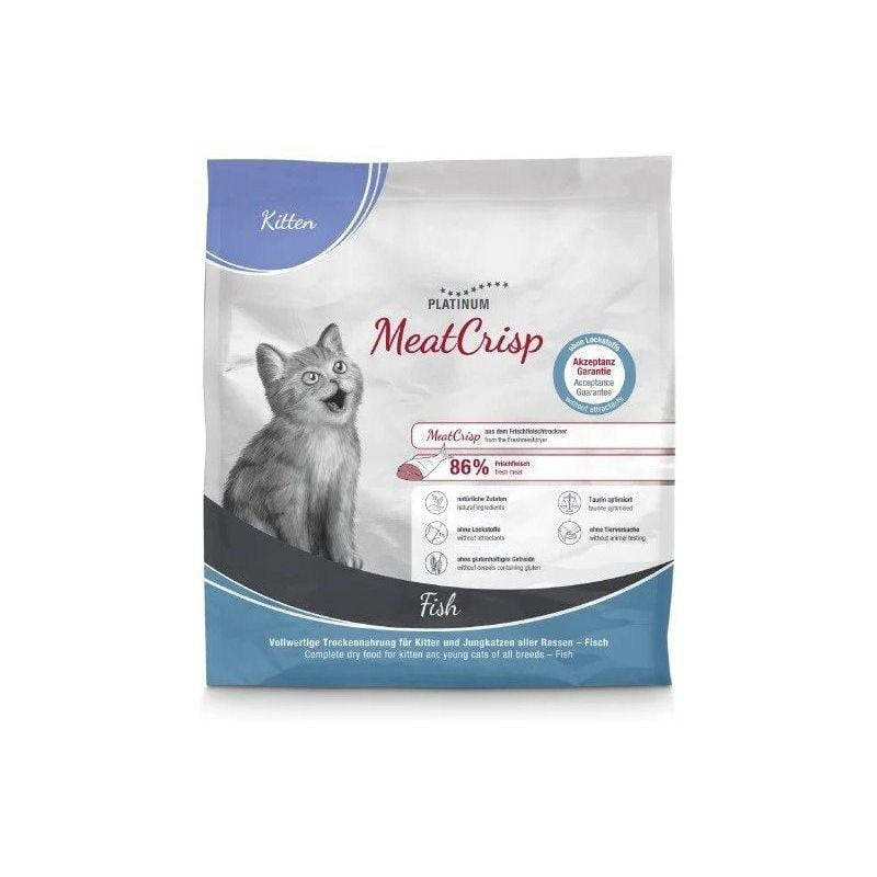 Vue avant du sac de croquettes Platinum MeatCrisp Kitten Fish 400g avec illustration de chaton migno