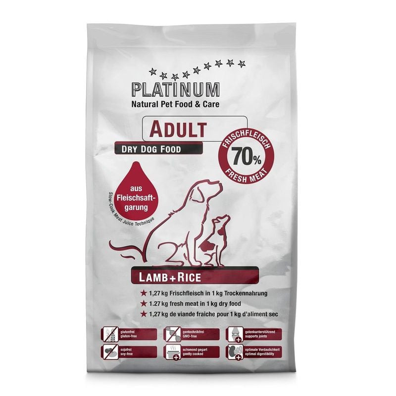 Vue avant du sac Platinum 1116268 croquettes chien adulte agneau & riz 1,5 kg, mettant en avant 70% 