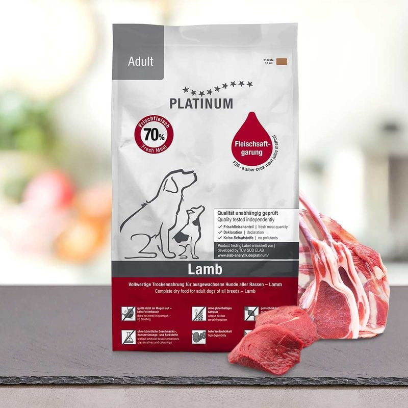 Sac de croquettes Platinum pour chien à côté de morceaux d'agneau frais cru sur ardoise, mettant en 