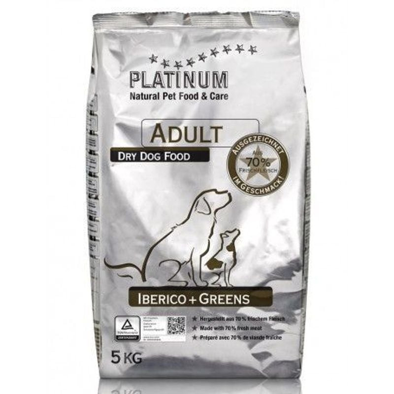 Sac 5 kg Platinum croquettes chien adulte Ibérique + Greens, 70% porc ibérique frais, sans céréales 