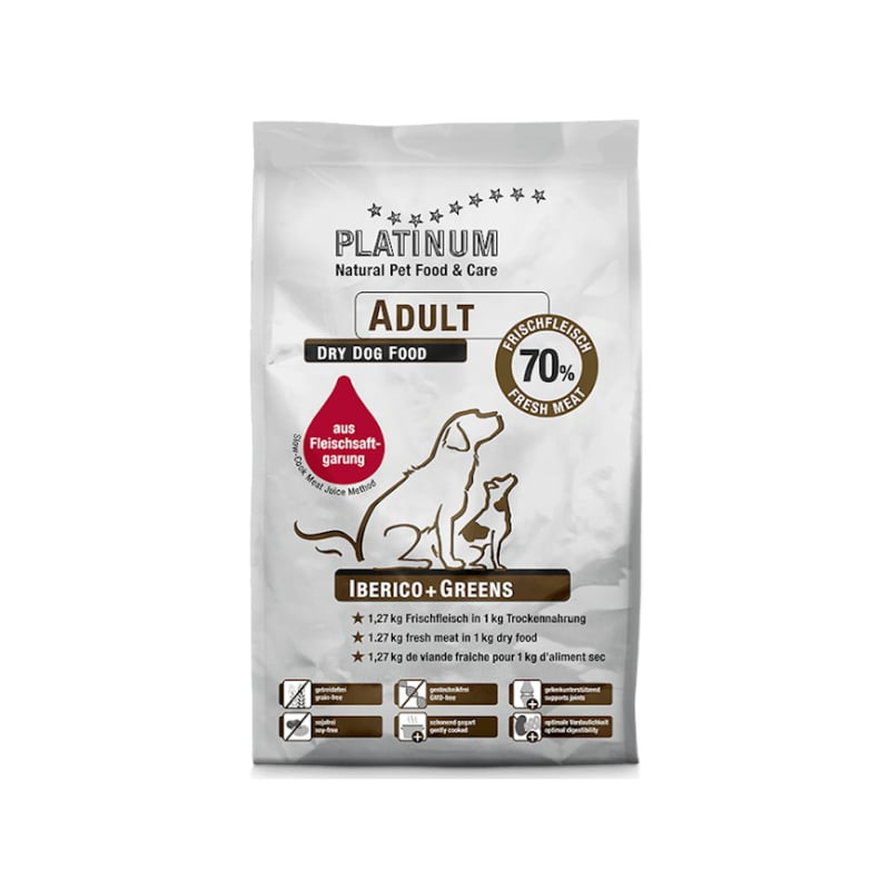 Vue avant du sac Platinum Natural Pet Care IBERICO+GREENS 1kg de croquettes pour chien adulte, metta