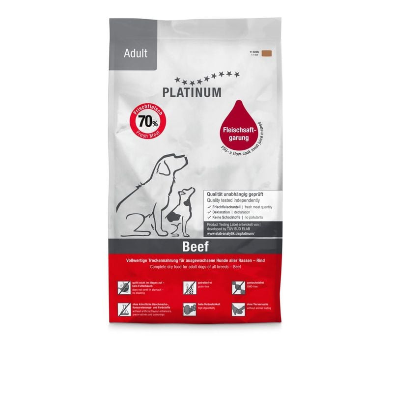 Vue avant du sac PLATINUM Adult Beef 5 kg, badge 70% viande fraîche, méthode Fleischsaftgarung, illu