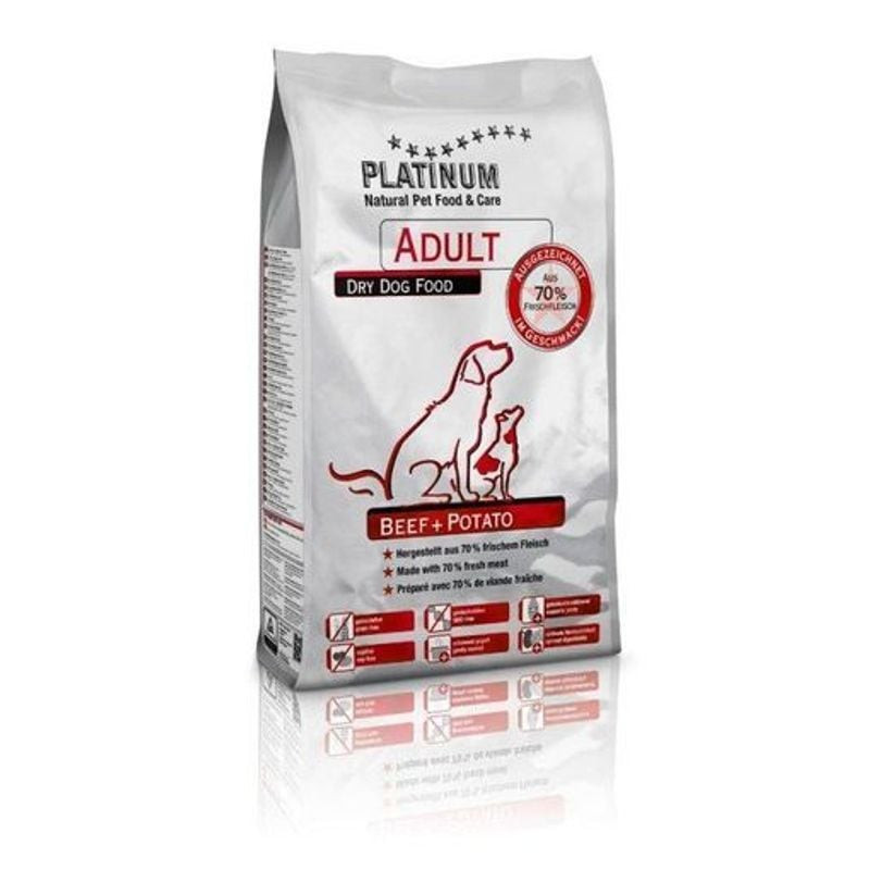 Vue 3D angulaire du sac PLATINUM Adult Beef sans céréales 5 kg avec 70 % viande fraîche, silhouette 