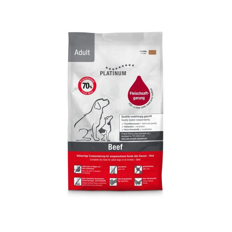 Vue avant du sac de croquettes Platinum Adult Beef sans céréales, avec étiquette 70% bœuf frais, icô