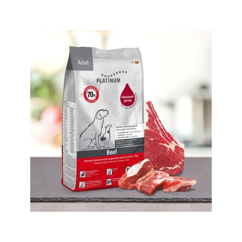 Sac de croquettes Platinum Adult Beef sur ardoise avec morceaux de bœuf cru frais à côté, mettant en