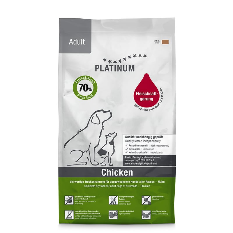 Sac de croquettes PLATINUM Chien Adulte Poulet 11 kg, 70% poulet frais, méthode Fleischsaftgarung, i