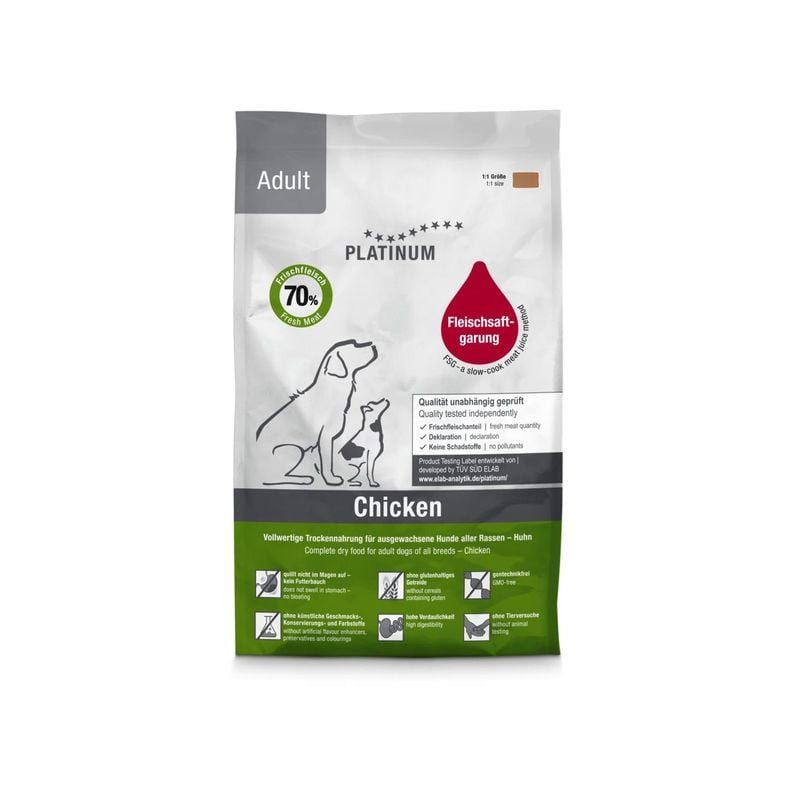 Sac de croquettes Platinum 1116262 pour chien adulte poulet, avec 70% viande fraîche, méthode jus FS