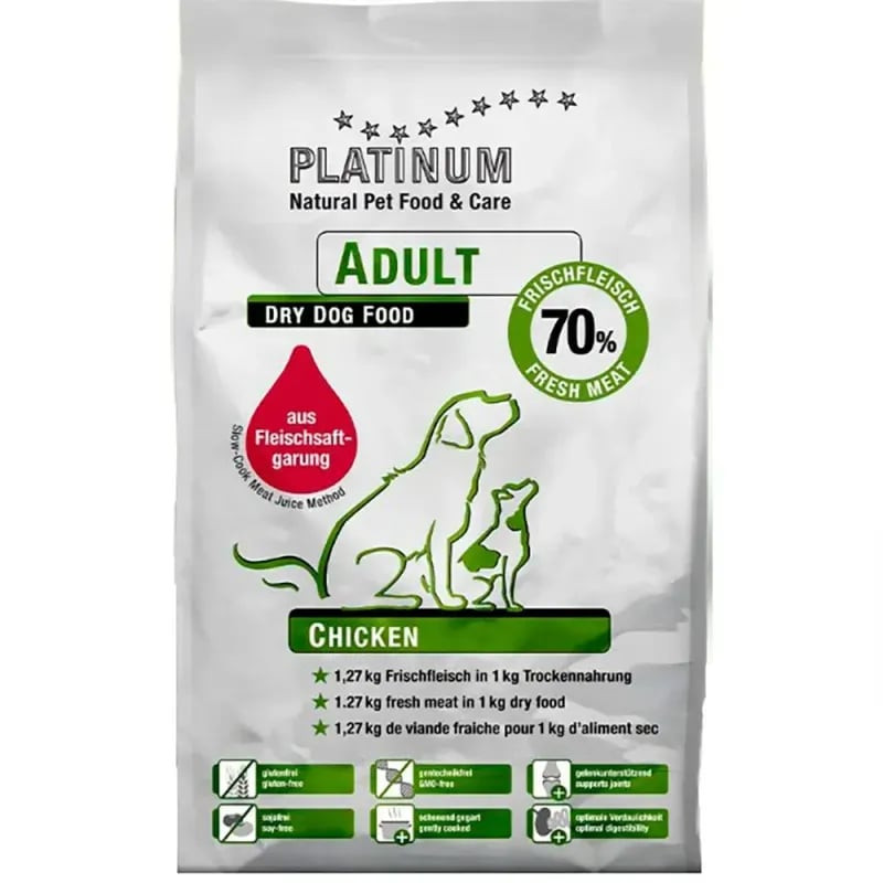 Vue avant du sac Platinum 1116262 croquettes chien adulte poulet, 70% viande fraîche, 1,27kg/kg, san