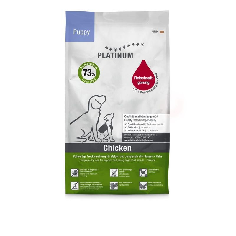 Vue avant du sac de croquettes Platinum Puppy Poulet 5 kg avec étiquette 73 % viande fraîche, icônes