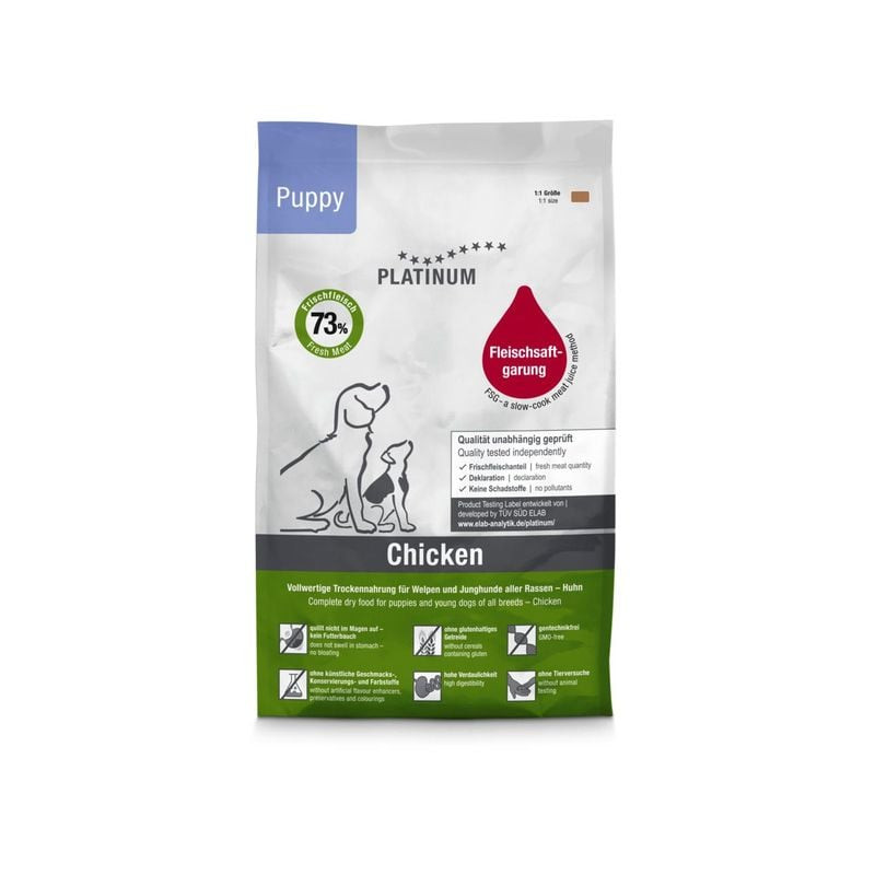 Vue avant du sac PLATINUM Puppy Chicken 1,5 kg avec étiquette 73% viande fraîche, illustrations chio