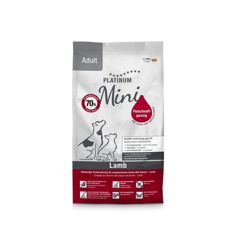 Vue avant du sac Platinum Adult Agneau Mini 900g avec 70% agneau frais, croquettes mini pour petits 
