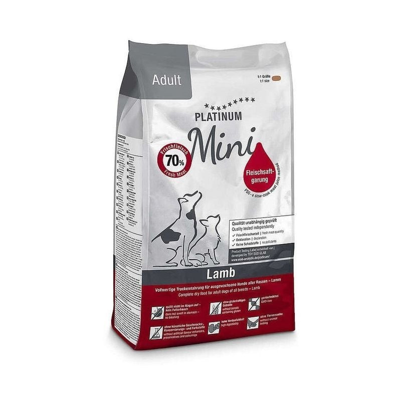 Vue latérale du sac Platinum 1116259 Agneau Mini Adulte 900g mettant en avant la liste des ingrédien