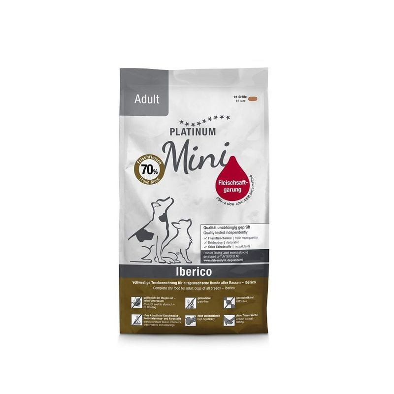 Packshot du sachet PLATINUM Adult Mini Ibérique & Greens, design et caractéristiques.