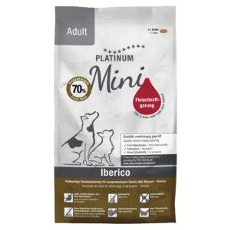 Deuxième packshot des croquettes PLATINUM Adult Mini Ibérique & Greens, mettant en valeur la richess