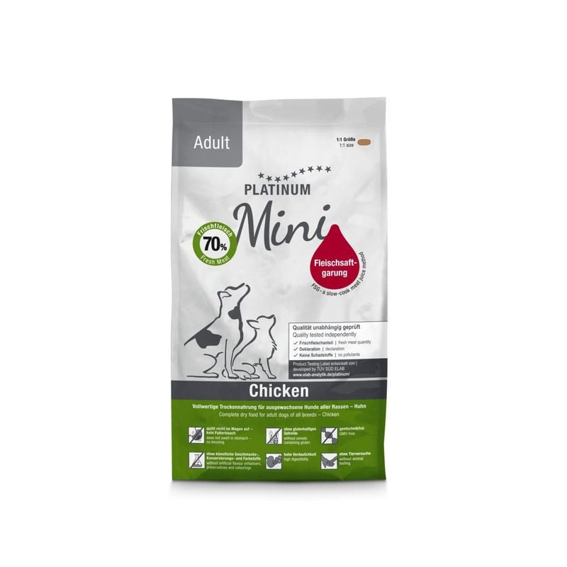 Vue avant de l'emballage Platinum Adult Chicken Mini 900g montrant badge 70% viande fraîche, indicat