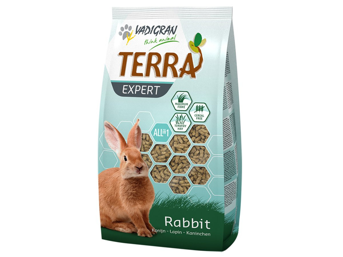 Packshot of VADIGRAN Terra Expert Fléole des Prés rabbit food bag, showcasing Timothy hay pellets.