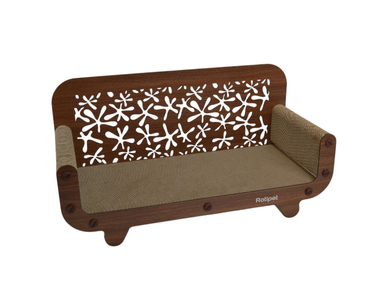 Brown corrugated cardboard cat scratching sofa shaped like a mini couch, with a catnip packet.