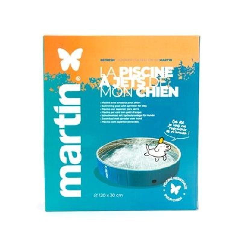Boîte du produit Piscine à Jets Martin Sellier pour chien, design bleu et orange, dimensions Ø120x30