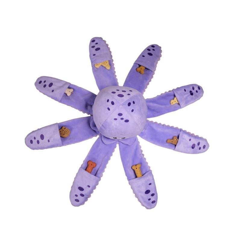 Vue de dessus de la peluche pieuvre violette VADIGRAN pour chien, montrant ses tentacules garnis de 
