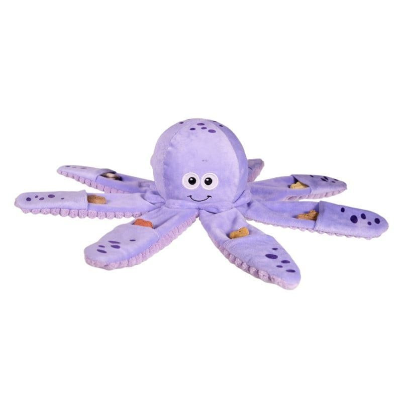 Vue avant de la peluche pieuvre violette VADIGRAN 1116174 pour chien au visage souriant, tentacules 