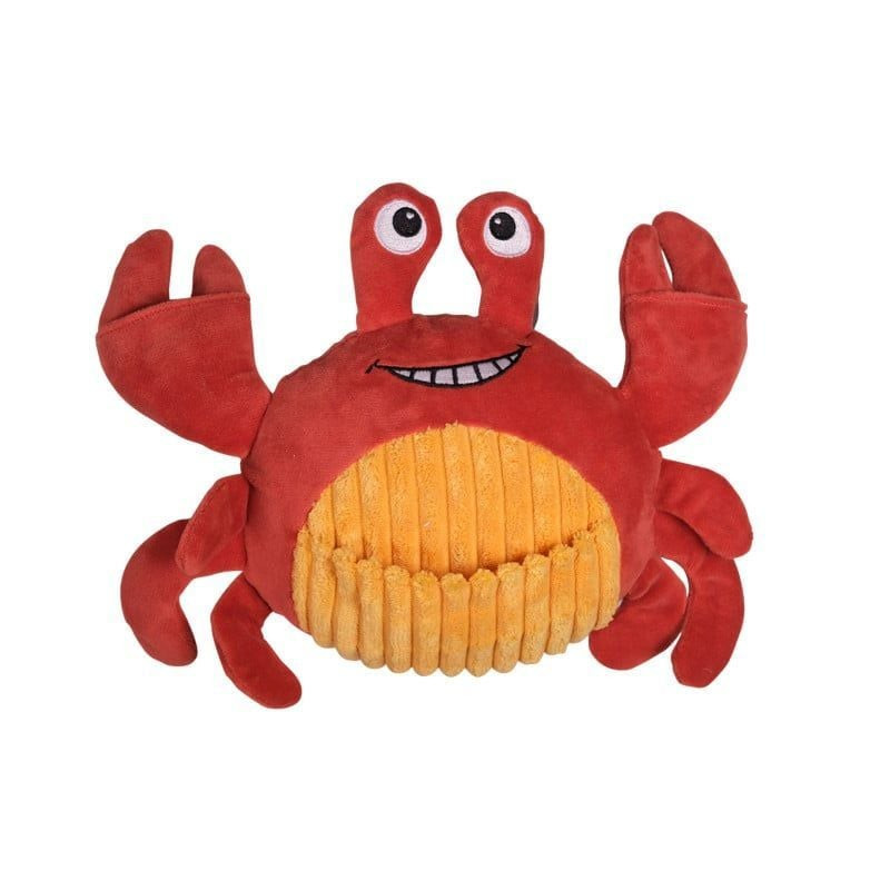 Peluche crabe rouge jouet chien 29 cm, ventre orange texturé, gros yeux, visage souriant, pinces pel