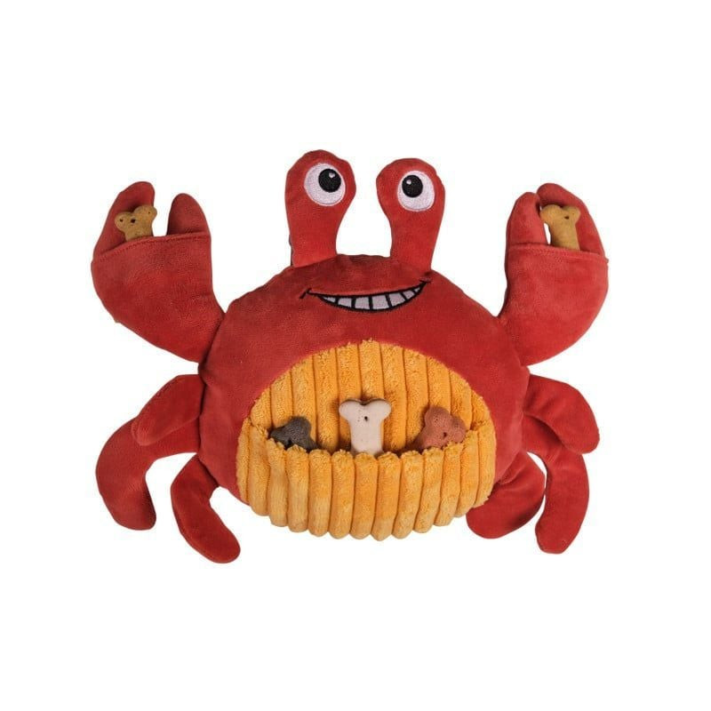 Gros plan sur le jouet crabe rouge VADIGRAN 1116172 pour chien, montrant pinces remplies de friandis
