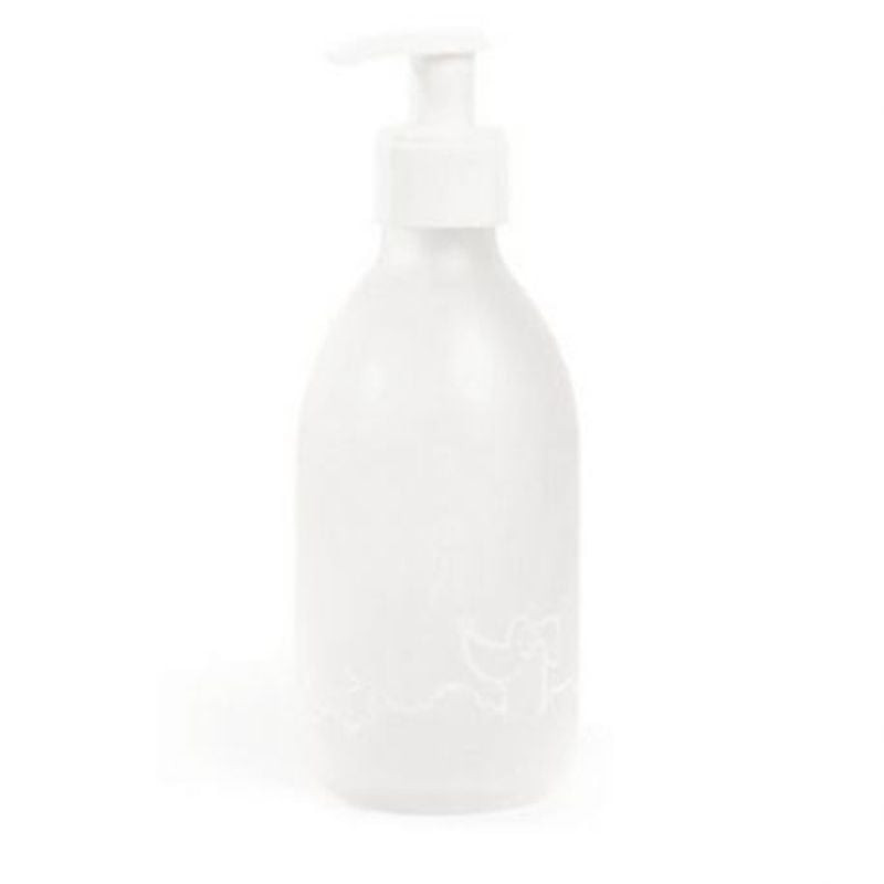Bouteille de dilution Héry 250 ml en verre dépoli avec pompe blanche et collerette de marque, isolée