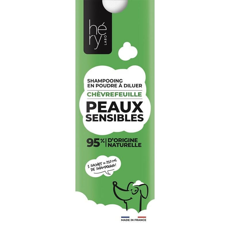 Vue avant du sachet de shampooing poudre Héry Laboratoires vert pour peaux sensibles, avec chèvrefeu