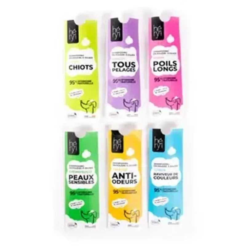 Six sachets de shampooing poudre Héry aux couleurs variées : vert pour peaux sensibles, violet, rose