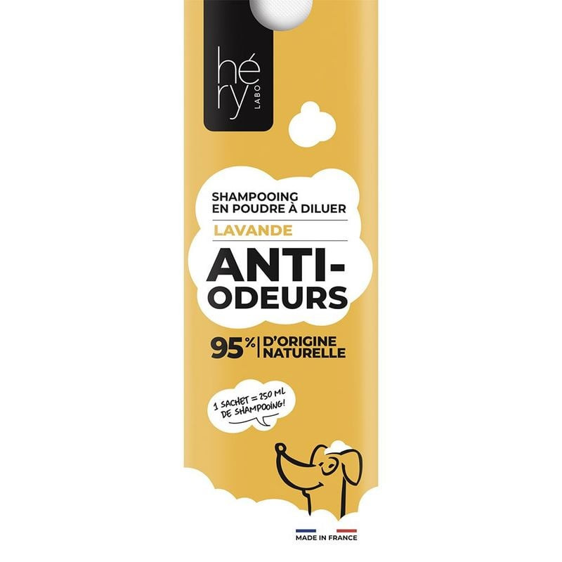 Shampooing poudre anti-odeurs Hery 1116011 à la lavande pour chiens, emballage jaune avec illustrati