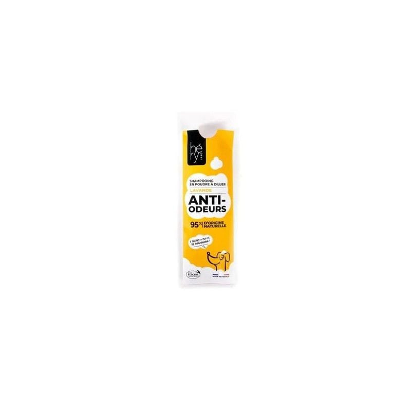 Gros plan sur sachet de shampooing poudre jaune Héry 1116011 pour chiens, anti-odeurs lavande à dilu